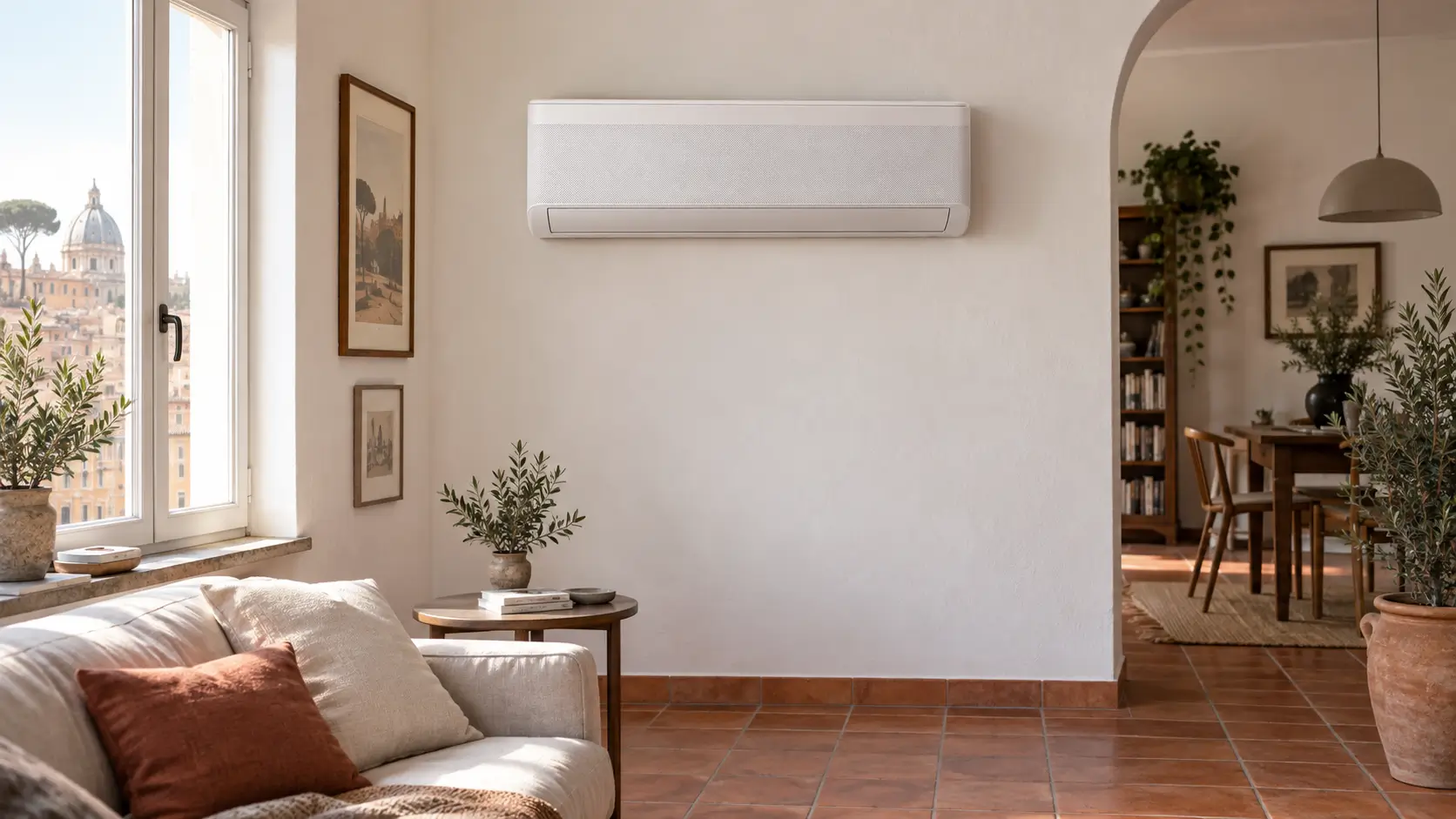 Unità interna Samsung WindFree Elite montata su parete bianca in un soggiorno romano, con la griglia anteriore chiusa in modalità WindFree e la luce LED del pannello accesa